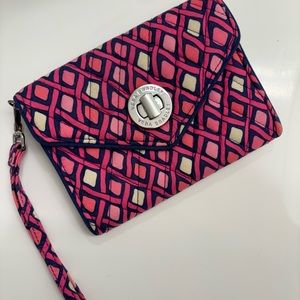 Vera Bradley wrislet, pink, navy, and white pattern